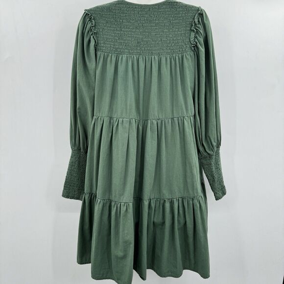 Pomander Place Ceci Mini Dress Size S Green Cotton Tiered Smocking V-Neck Lined - Picture 2 of 12